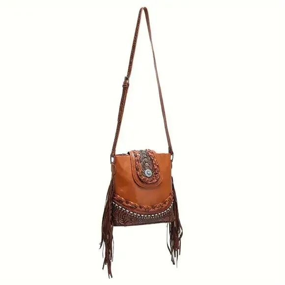 NEW Crossbody Bag Womens Brown Vintage Western Bucket Bag Ethnic Tooled Fringe - Picture 2 of 6
